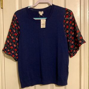 J. Crew size L lightweight navy sweater with floral sheer short sleeves